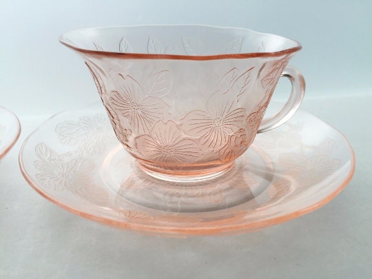 Dogwood Depression Glass Teacup and Saucer by Macbeth Evans Glass