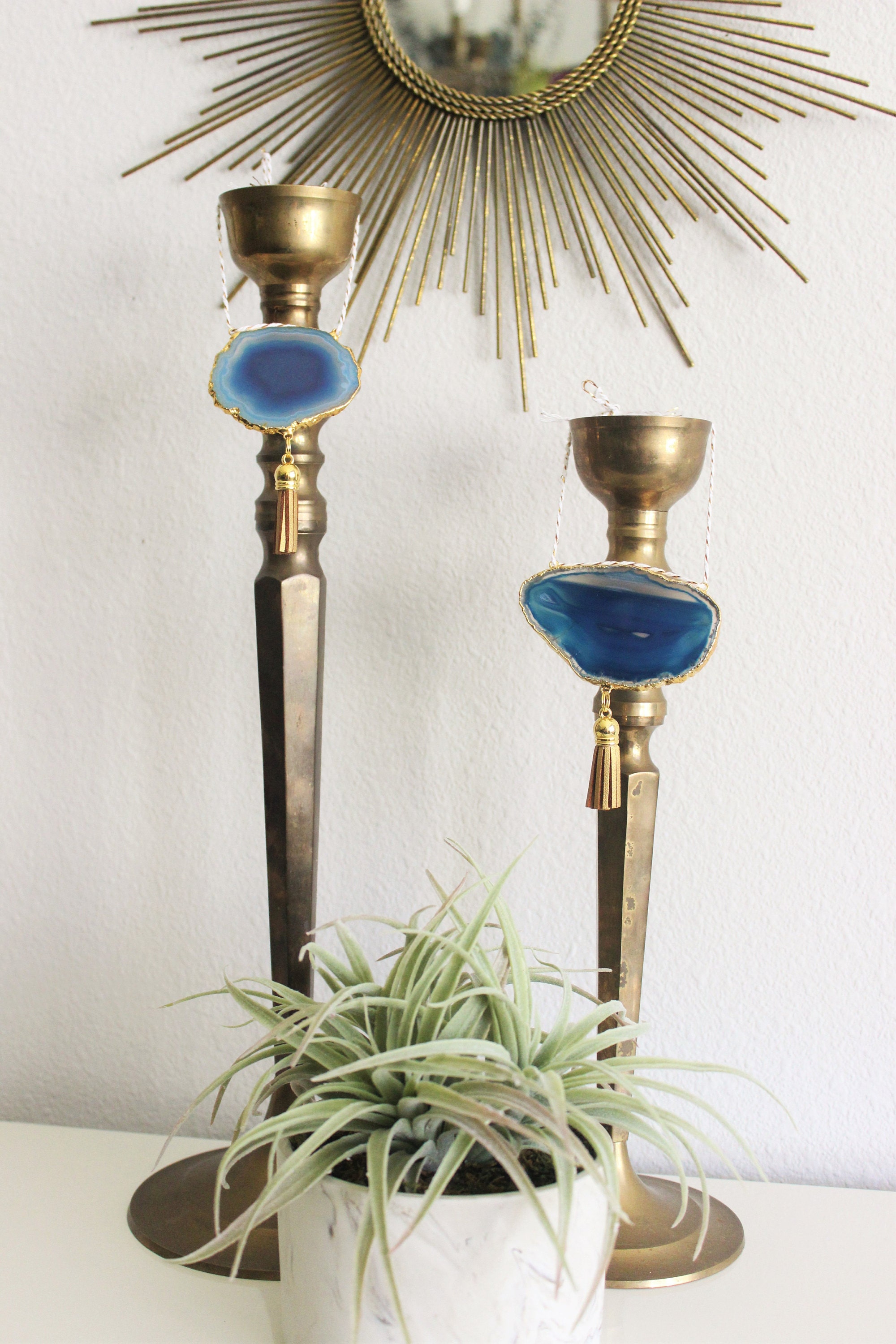 Blue Boho Agate Ornaments shown on Vintage Brass Candle Holders
