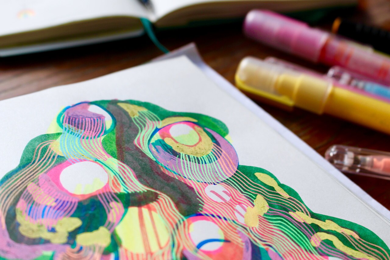 Sketchbook drawing by Ben Craig from Boat and Balloon using felt-tip and paint pens