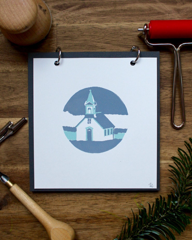 December linocut print for calendar 2018 by Boat and Balloon