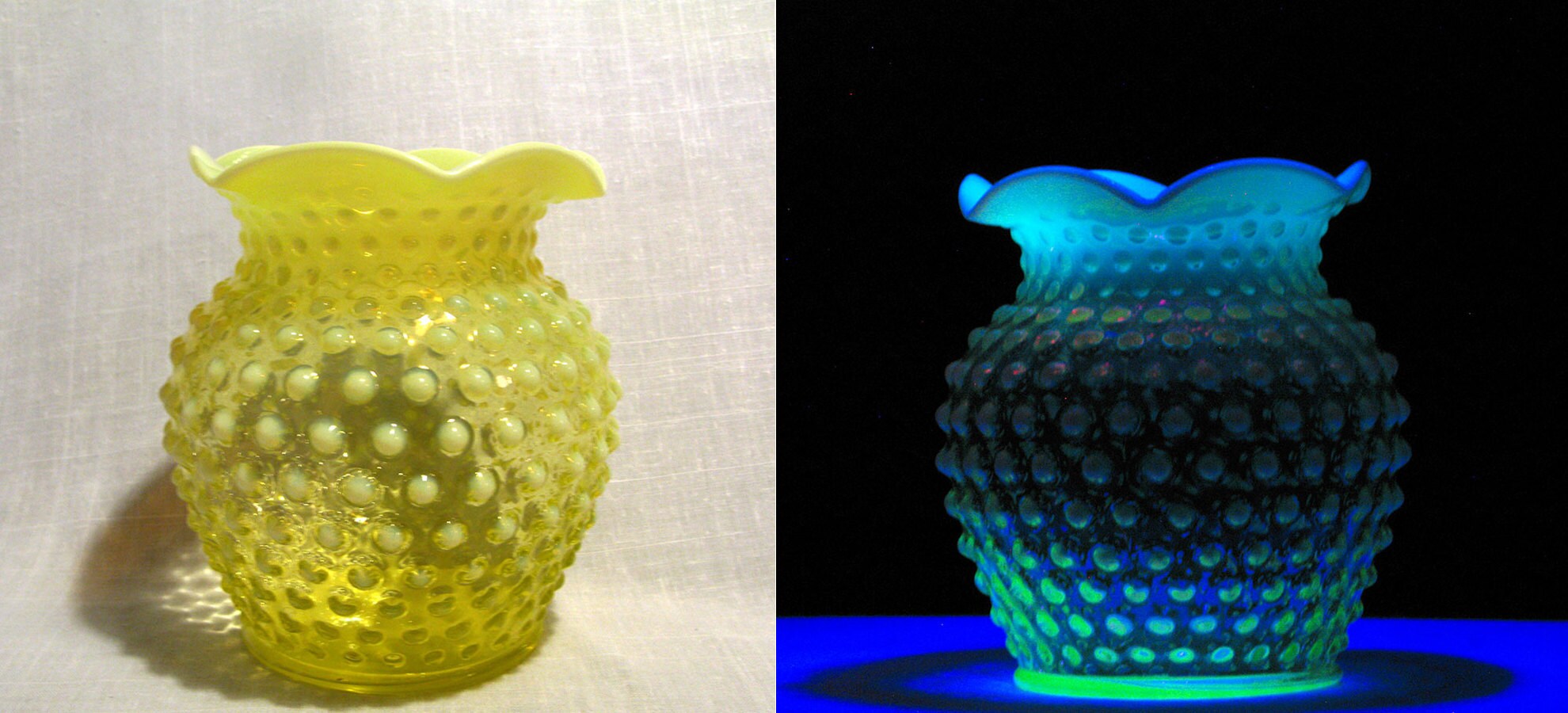 Imperial Glass Co Hobnail Vaseline Glass Vase in normal light (left) and under black light (right)