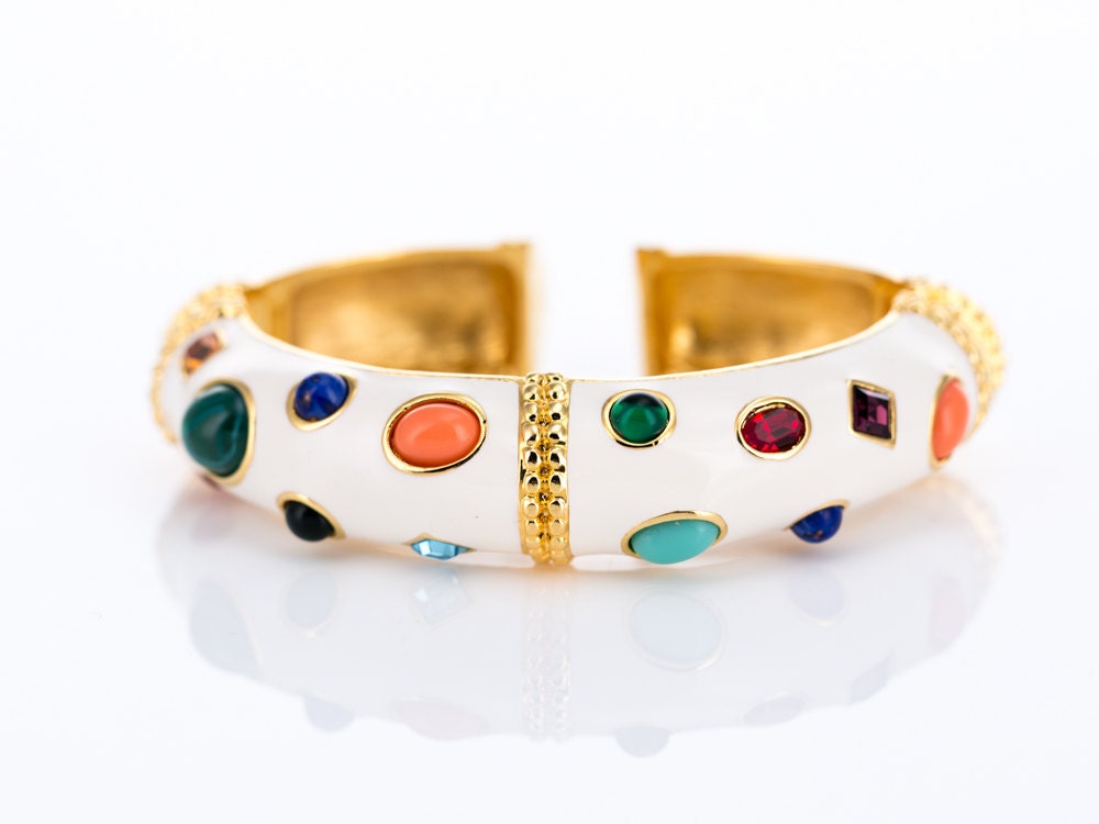 RARE Vintage Kenneth Jay Lane Fantasy Gold Plate and Enamel Hinged Cuff