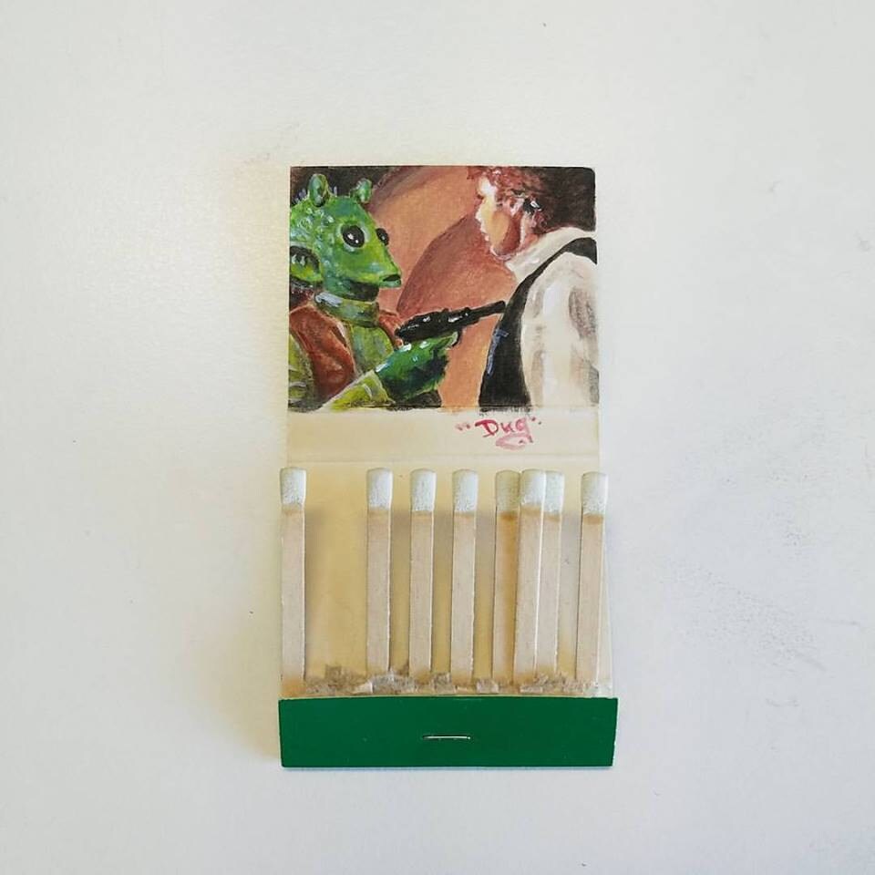 Shoot first. Acrylic on vintage matchbook
