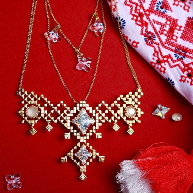 Unique Embroidered Necklace - 3D printed in metal with Swarovski crystals