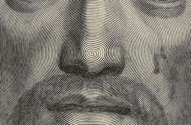 A single continuous line spirals from the tip of nose in this curious technique used to illustrate the face of Jesus Christ.