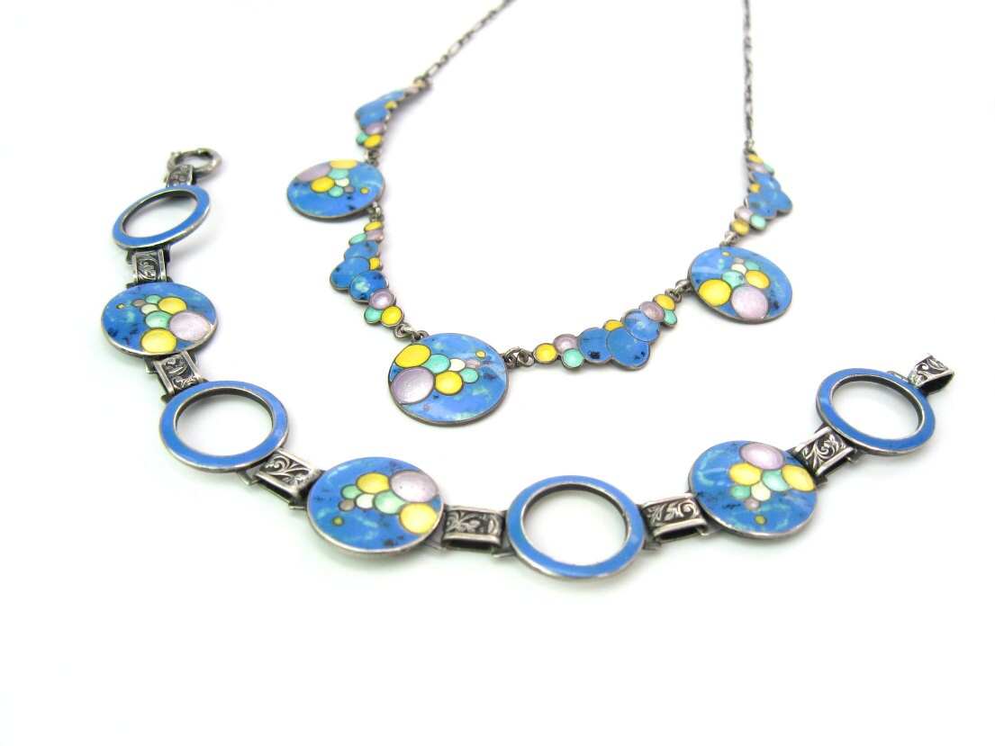 Vintage Art Deco Enameled Sterling Bubbles Set