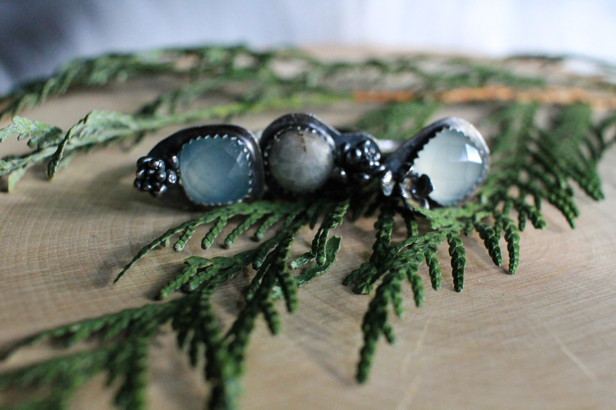 Chalcedony & Raw Moonstone Rings with Succlents