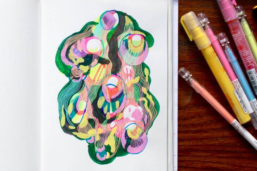 Sketchbook drawing by Ben Craig from Boat and Balloon using felt-tip and paint pens