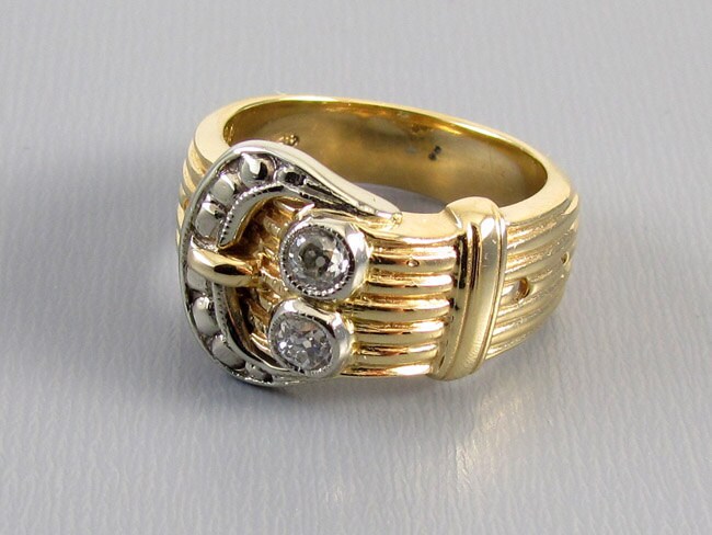 Signed Untermeyer Robbins antique Edwardian 14k gold European cut .32 carat diamond buckle ring, circa 1910-1920.