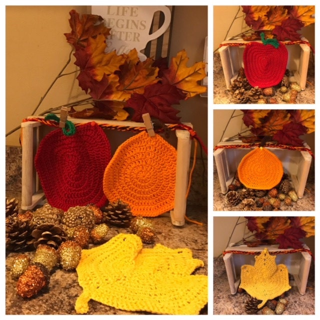 Fall themed dishcloths double as decorations or potholders!