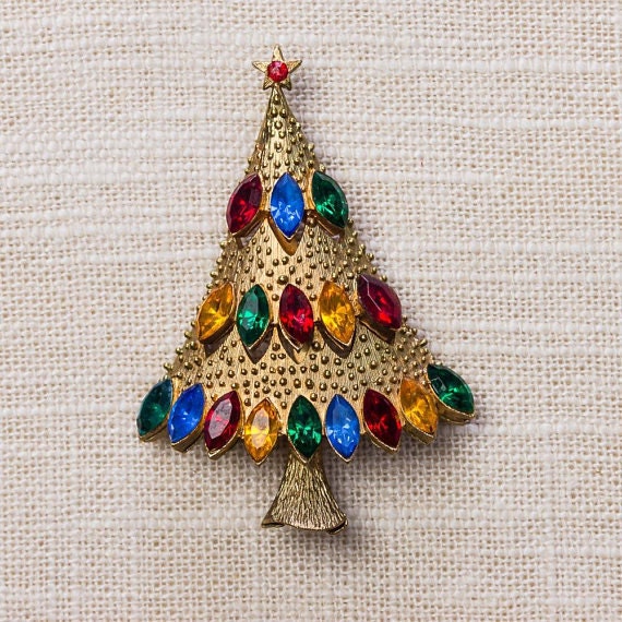 Christmas tree rhinestone gold brooch