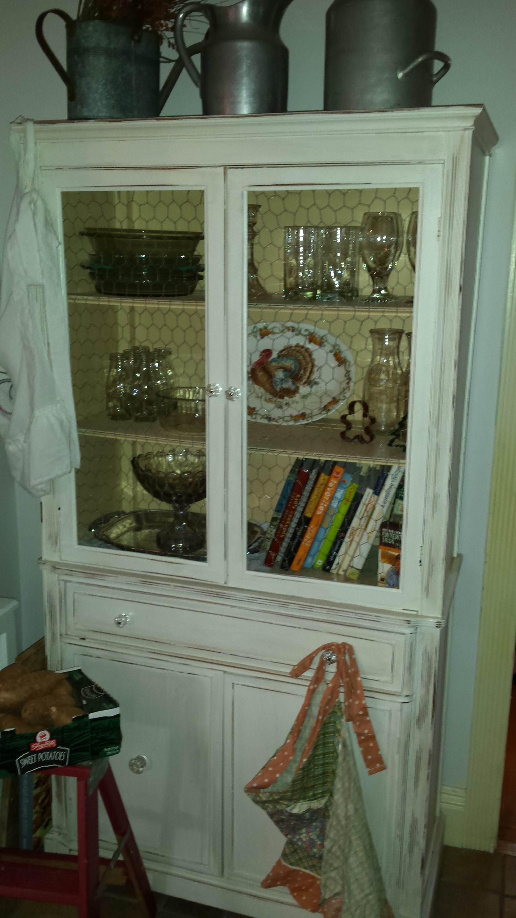 vintage painted china cabinet, pantry, hutch, breakfront, storage, shabby chic, rustic, farmhouse, country cottage, new york, new jersey, NJ, NY