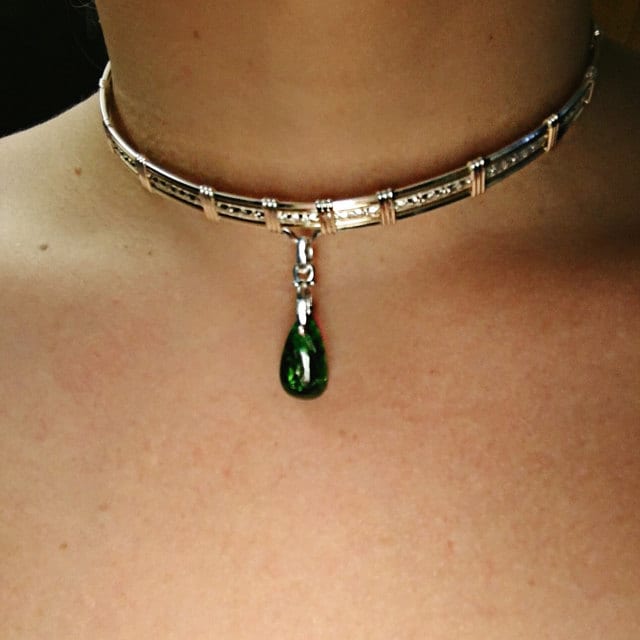Rigid Band Style worn just above the base of the throat. Pendant rests in the hollow between the collar bones