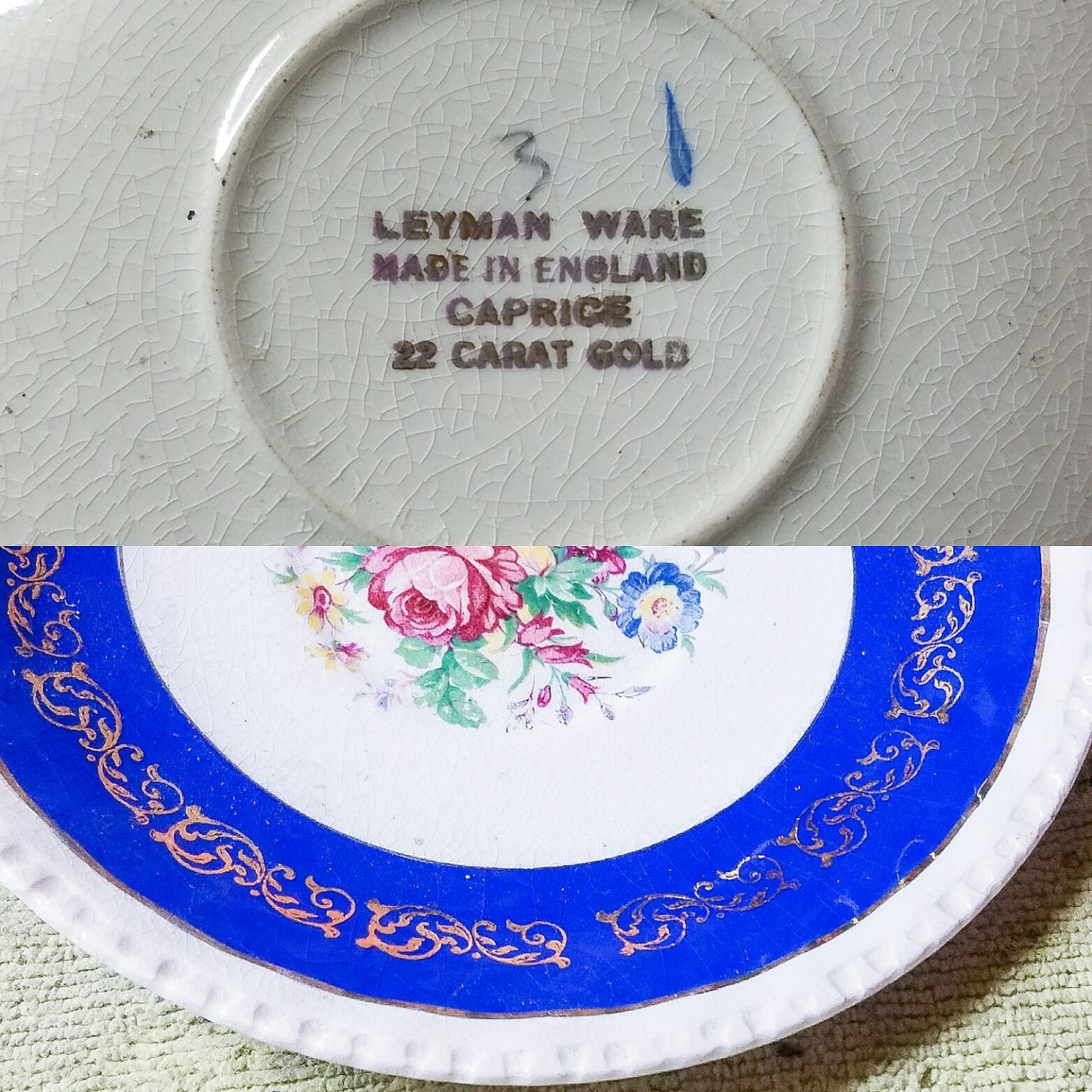 Blue Leyman Ware, Caprice Plate, 22kt Gold Filigree