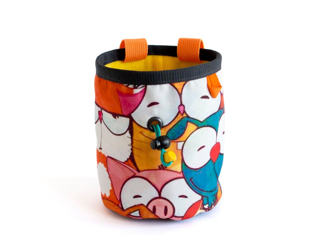 rock climbing gear, colorful chalk bag, rock climber gift