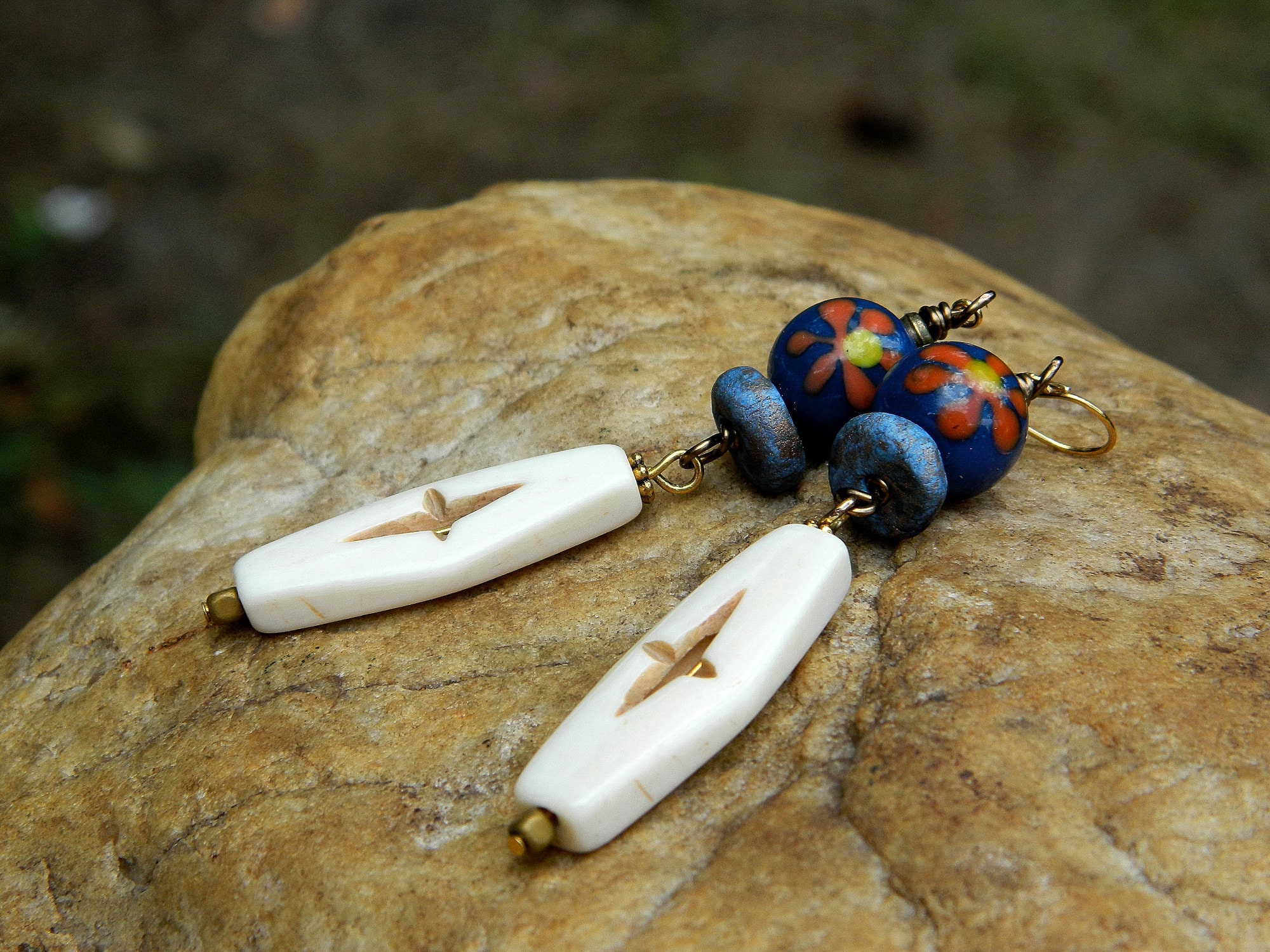 Carved Bone and Indonesian Glass Bead Earrings