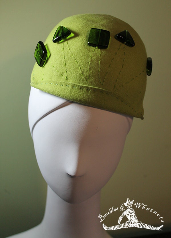 Chartreuse Green Hand Blocked Beaded Wool Beanie Hat