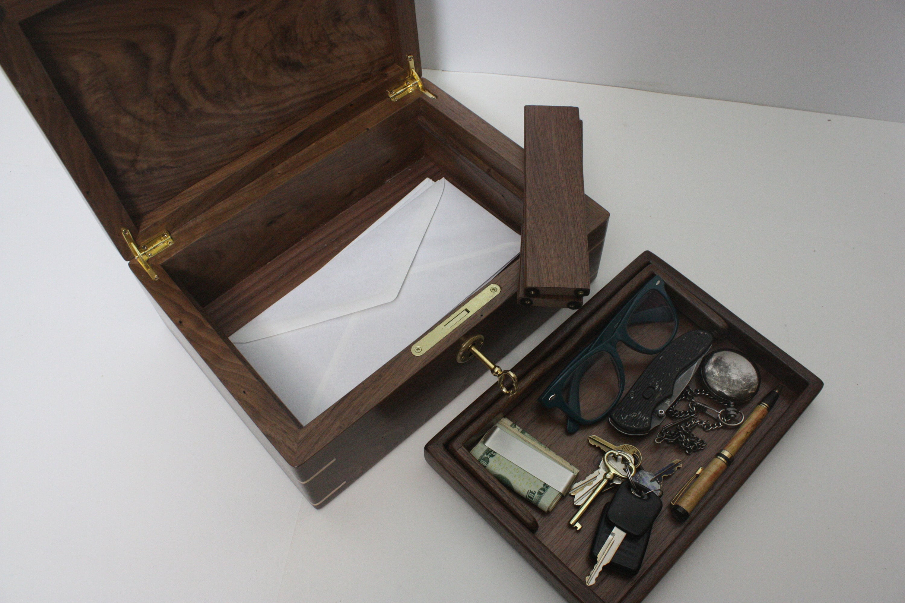 Locking Walnut Mens Valet Box