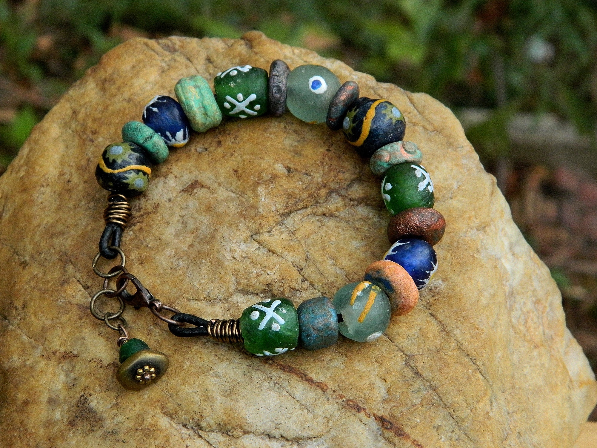 Rustic Recycled Glass Bead Boho Bracelet