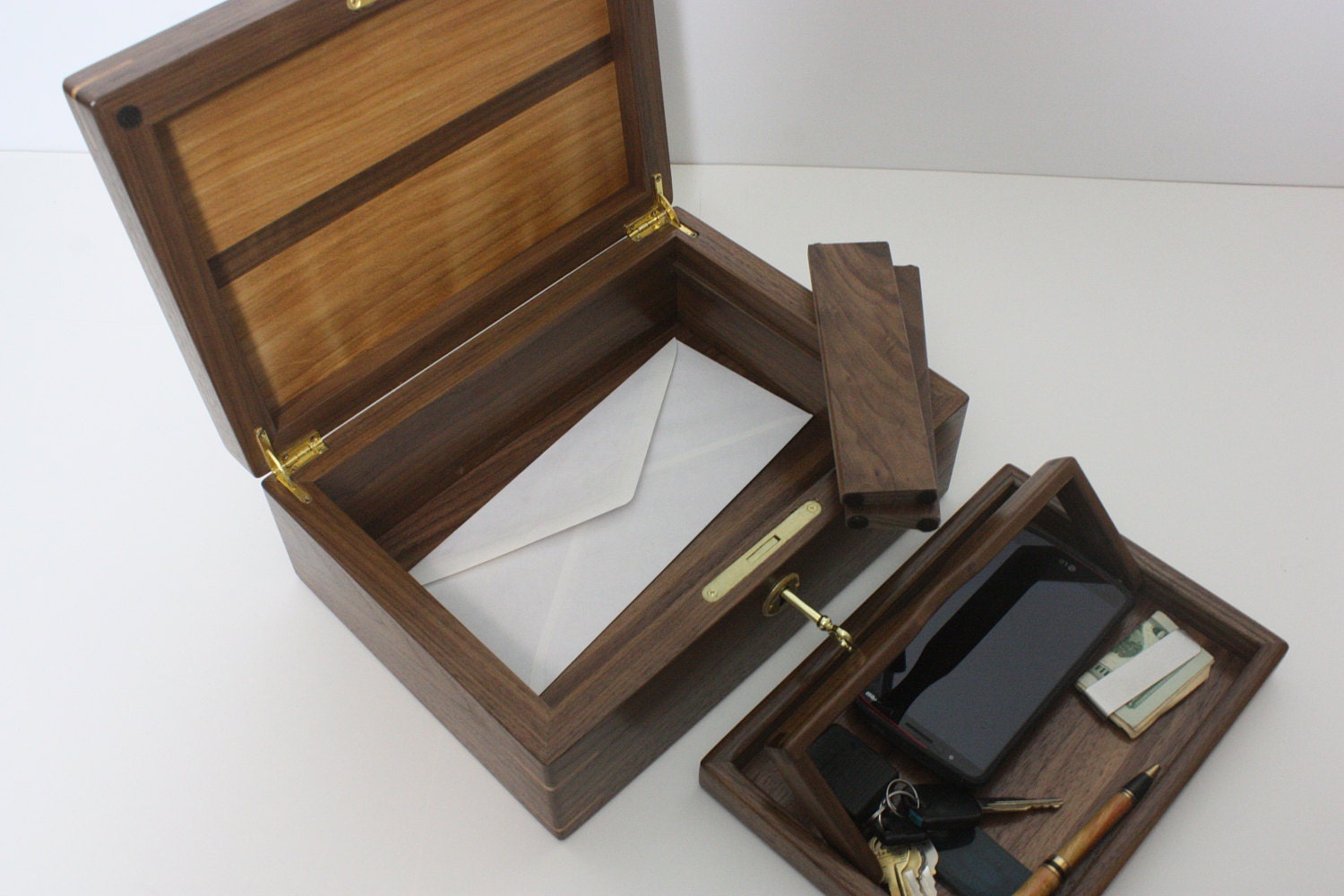 Walnut and Red Birch Wood Valet Box