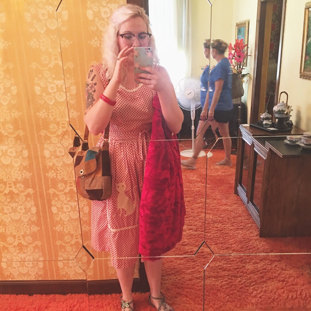 Me in my 1950s Cat Swirl Dress in the Mirrored Hallway