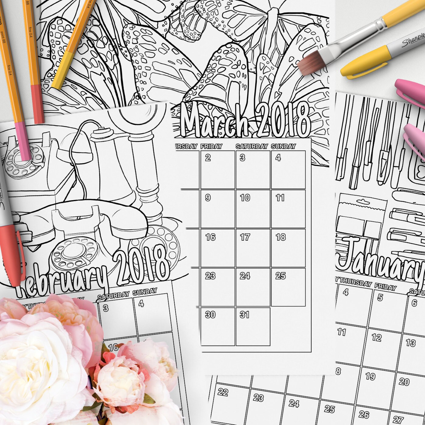 2018 calendar color book for adults
