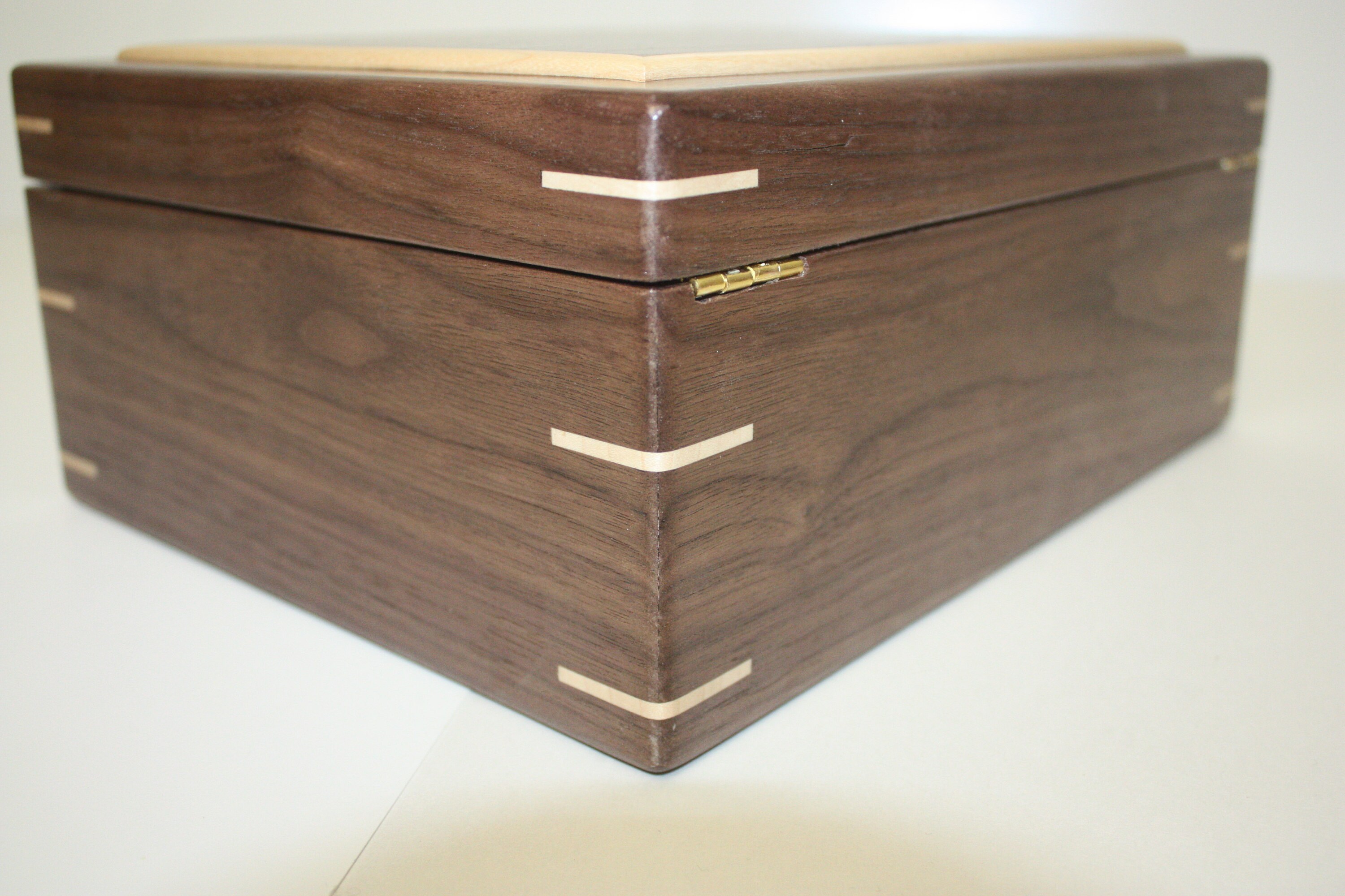 Locking handmade wooden box with quadrant hinges