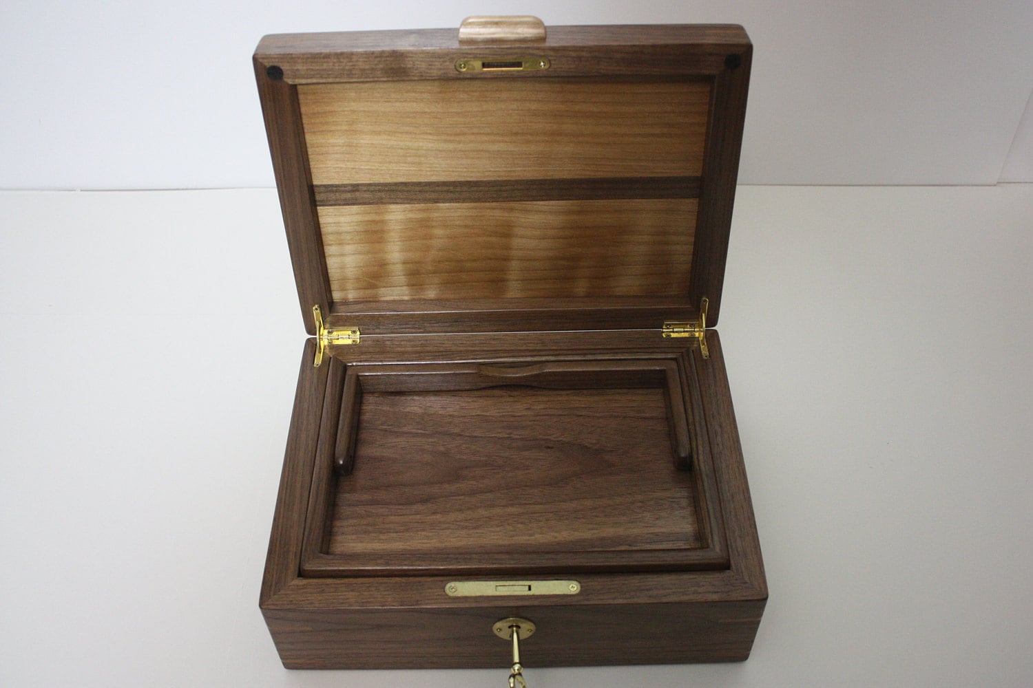 Walnut and Red Birch Wood Box with Tray For Sale