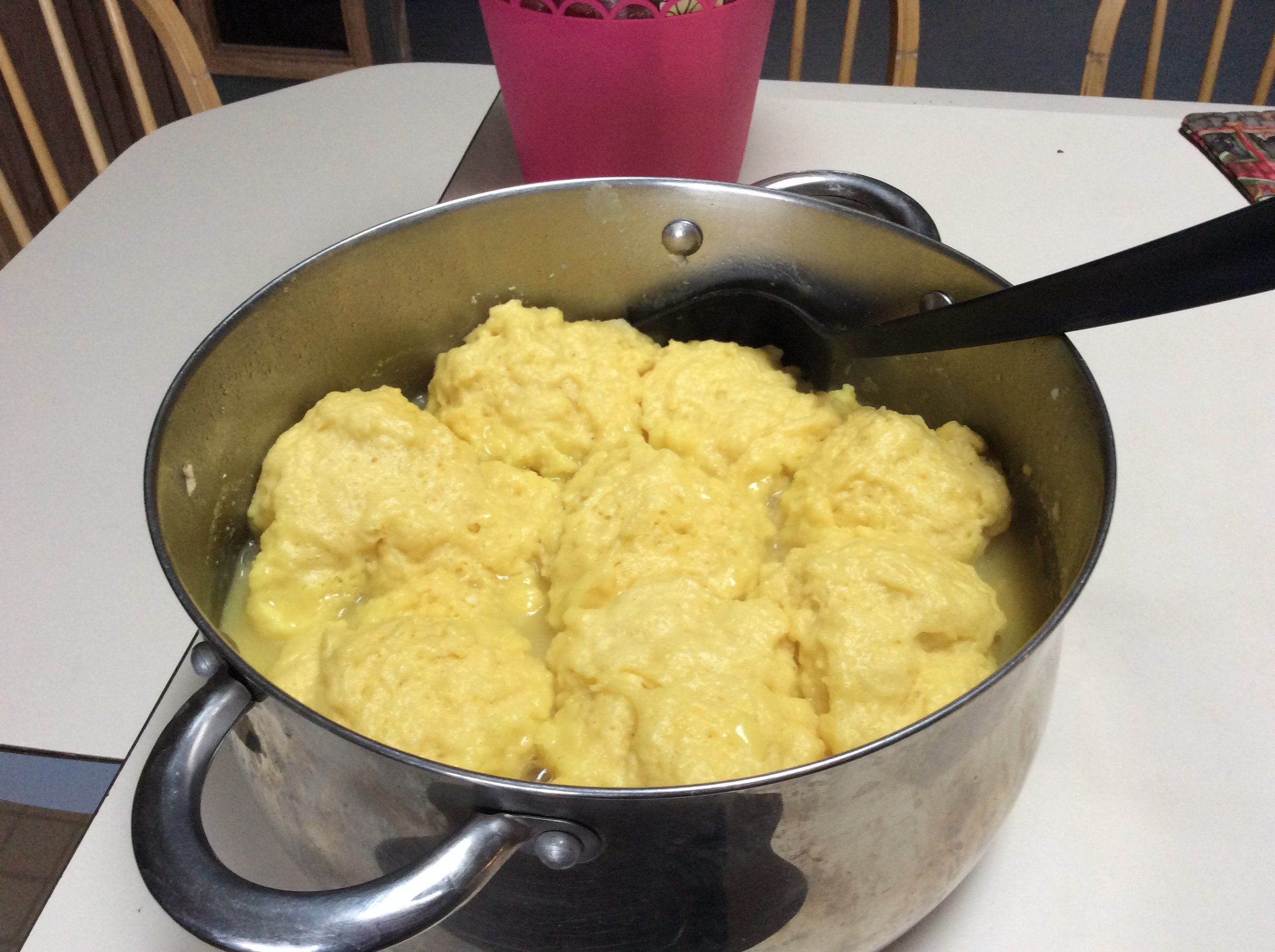 Pot of homemade chicken and dumplings