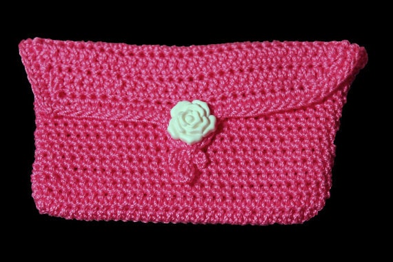 Pink Coin Purse, Coin Pouch, Change Purse, White Rose Button, Handmade, Crochet