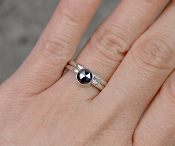 Rose cut diamond engagement ring will matching hammered effect wedding band in 9ct white gold