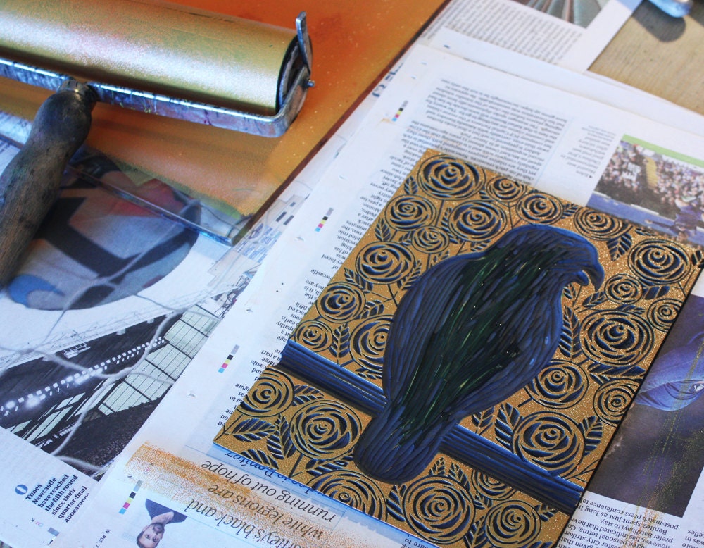 orange ink, linocut