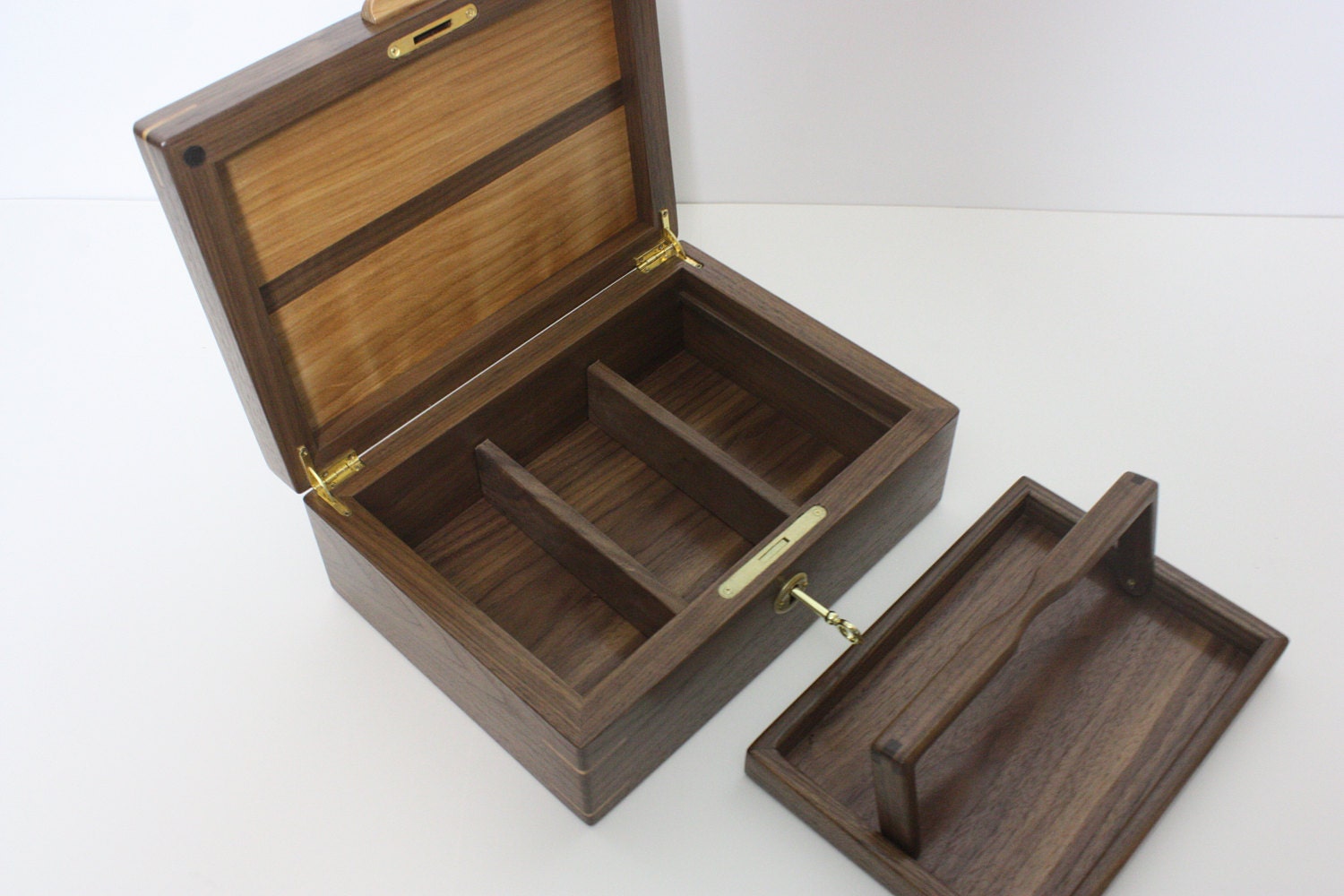 Handmade Wood Box with Tray and Dividers For Sale