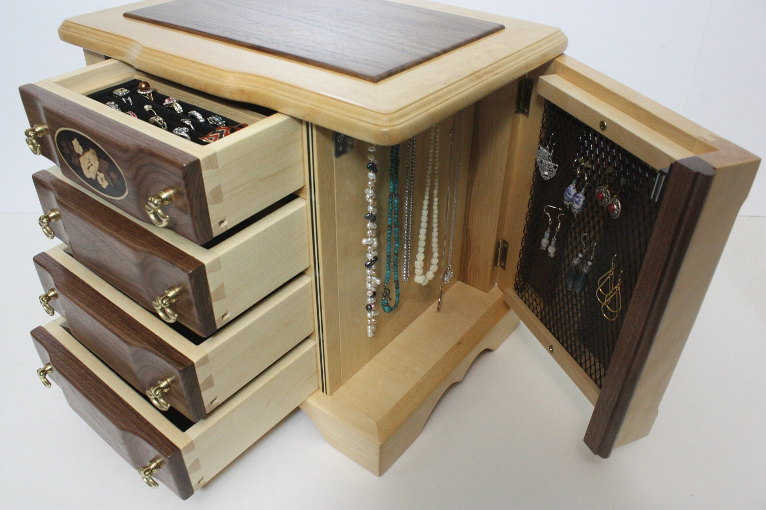 4 Drawer Jewelry Box with Swing Out Sides for Necklaces For Sale