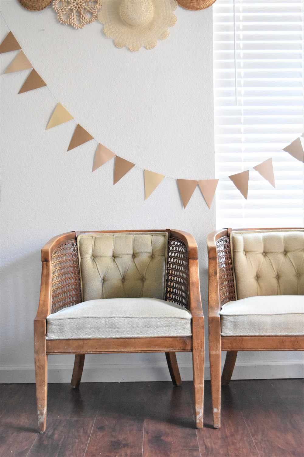 Pair of tufted, mid century wood chairs perfect for that romantic, rustic wedding decor. Just add a his & her sign, and these would make the most beautiful photo props!