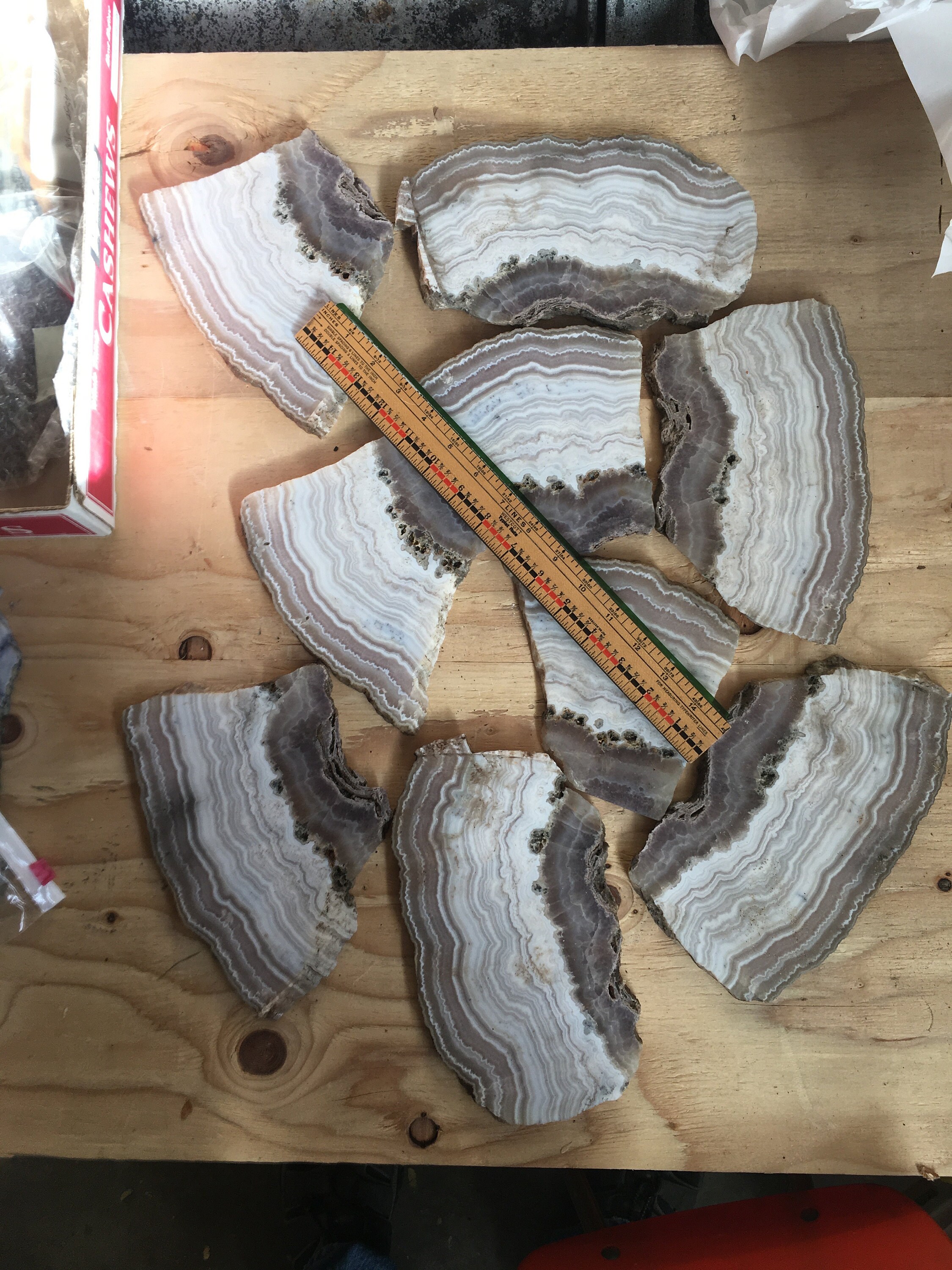 My cash of sough belly agate.  (The ruler is 15 long)