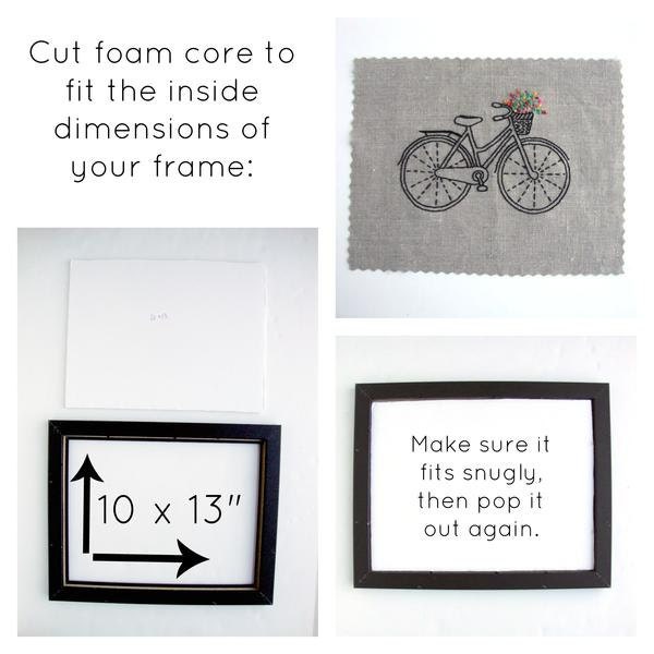 How to frame a finished embroidery: trim foamcore to fit your frame.