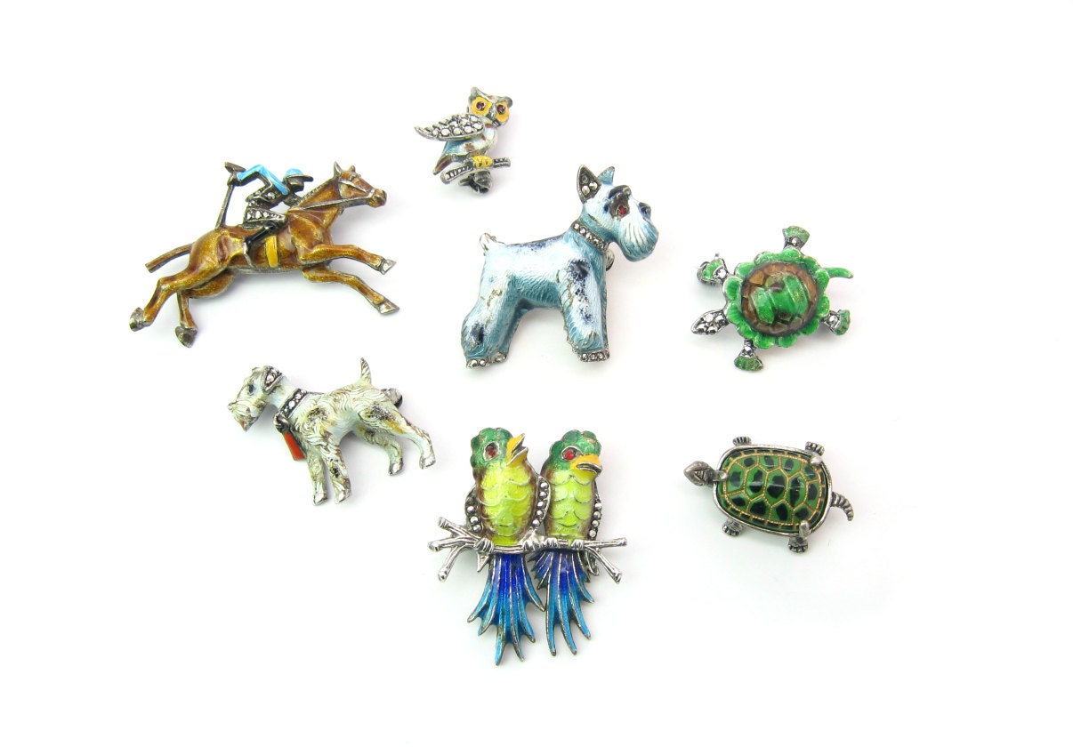 Vintage Made in Germany Enameled Sterling Animal Brooches by Alice Caviness and others.