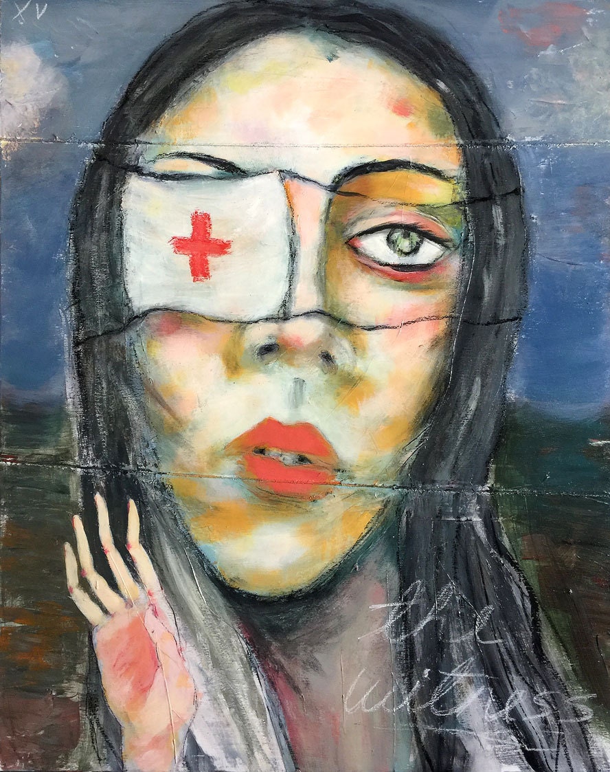 The Witness; mixed media on cradled panel, 24 x 30 inches.