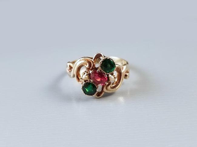 antique Edwardian rose gold ring with garnet and glass doublets, signed Ostby & Barton (Providence, RI) circa 1910