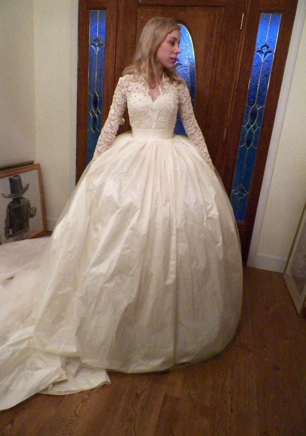 Jay wearing the bell cage crinoline under her wedding dress