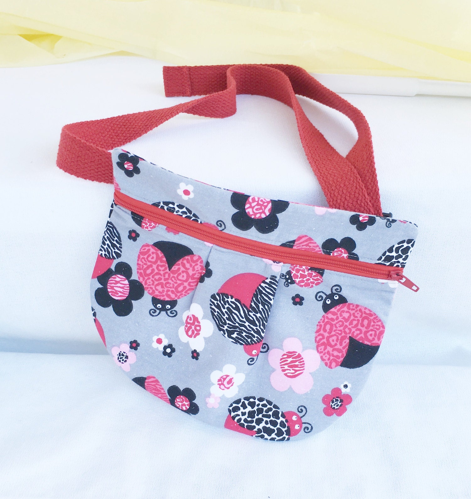 Ladybug waist pouch, hip pocket, red and grey