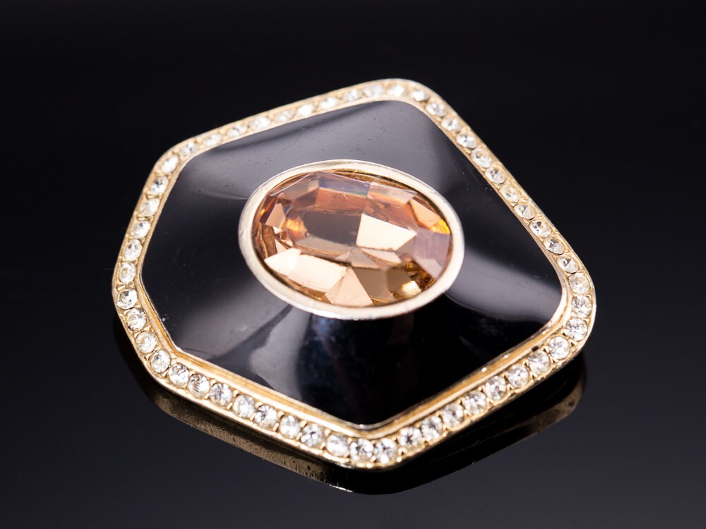 Ciner Black Enamel, Rhinestone, and Topaz Brooch