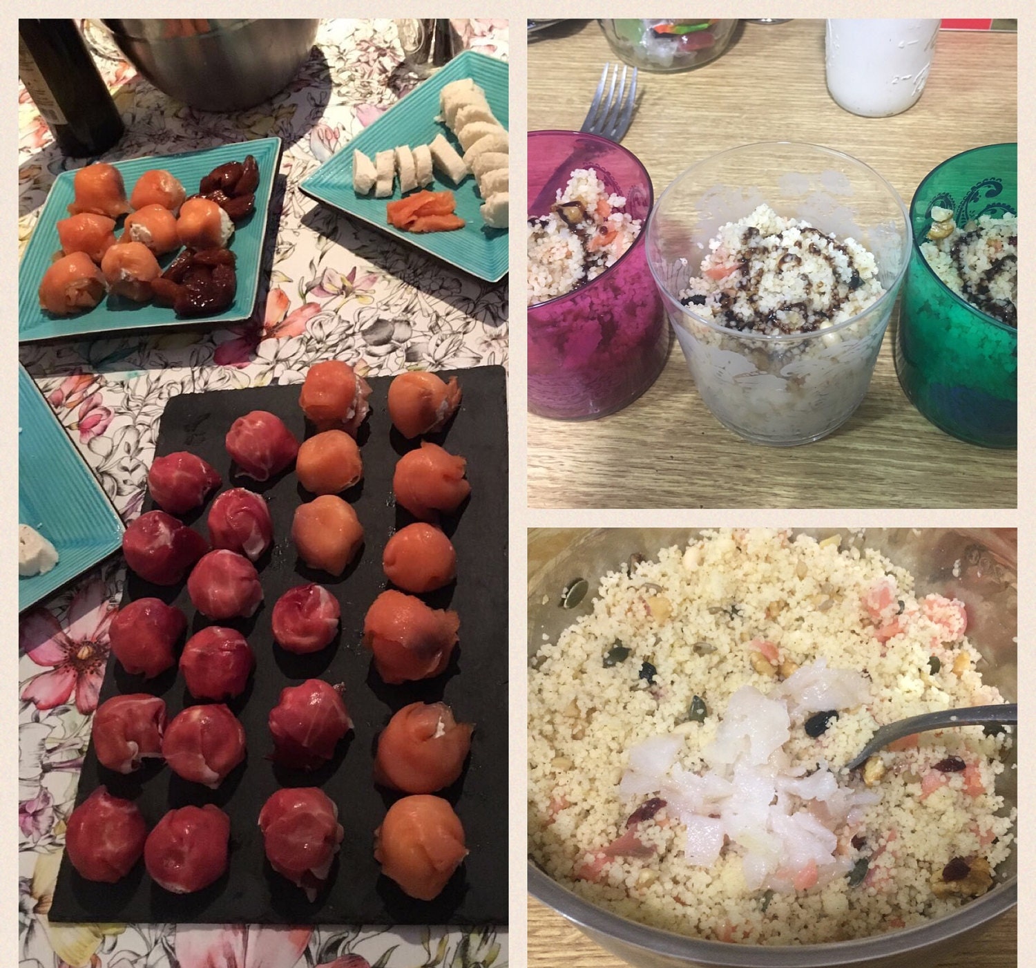 Bombas de salmón y jamón serrano, con ensalada de ahumados y cous cous