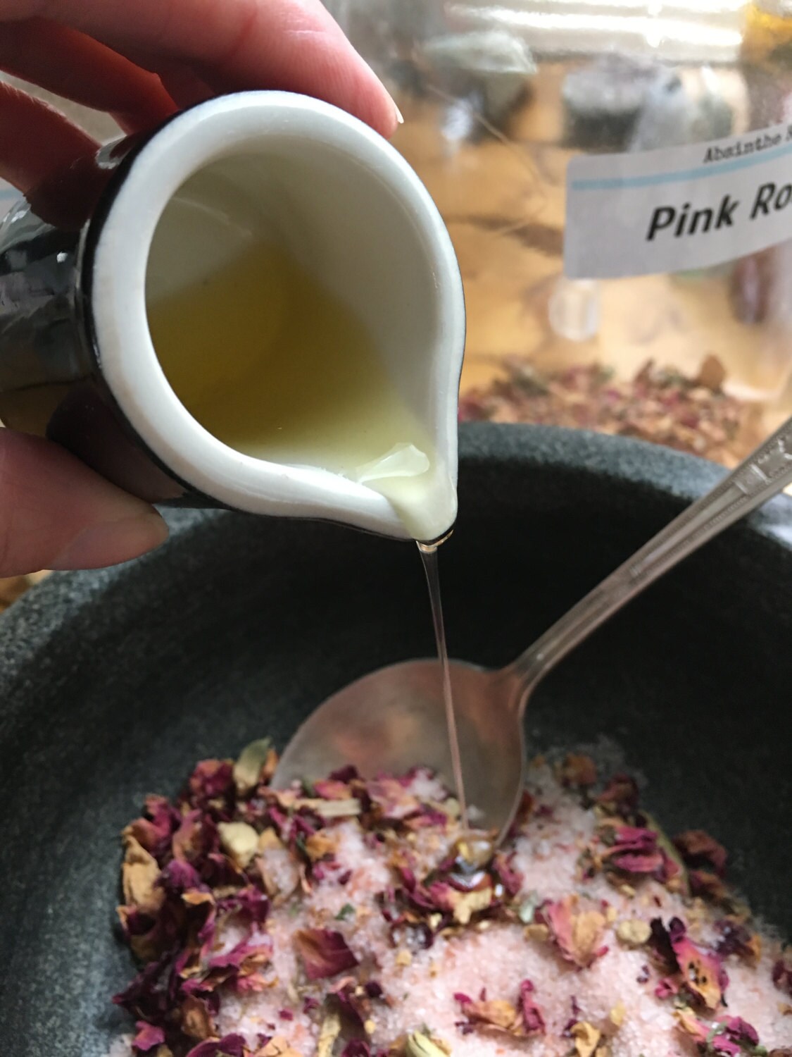 Add your carrier oil - I use sesame or jojoba for this recipe, you can also use apricot kernal, sunflower, or even olive oil.