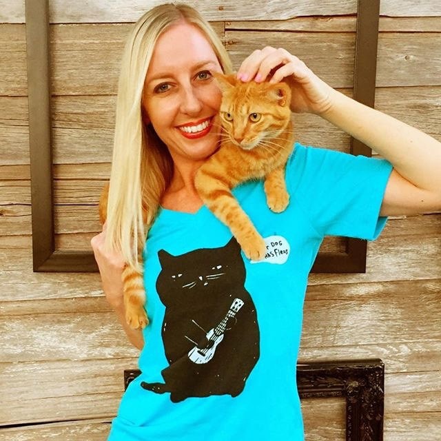 Our Instagram friend @PjFore with Frankie Rose in our Ukulele Cat relaxed fit v-neck cat tee.