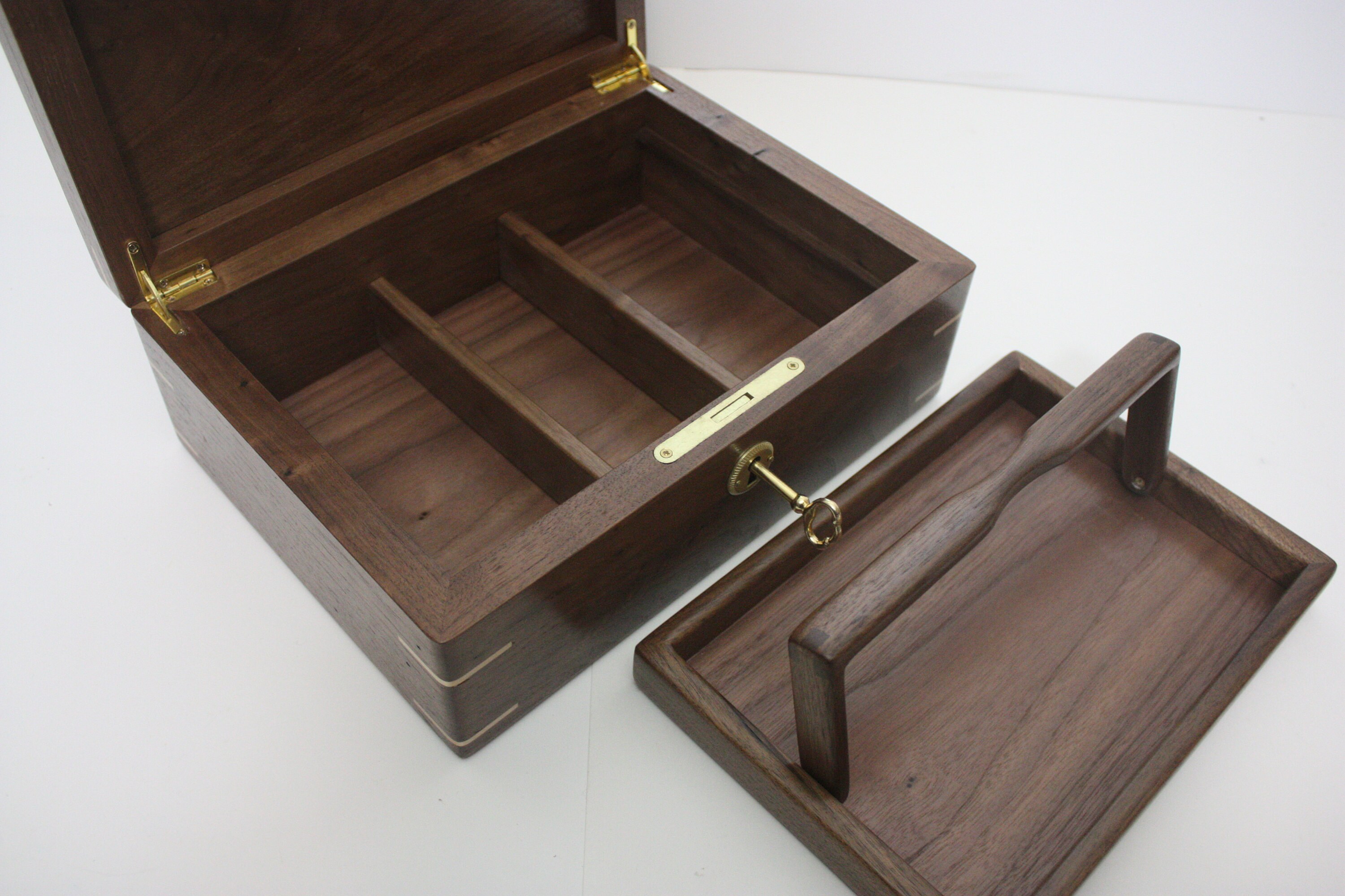 Lift Out Tray and Removable, Adjustable Dividers in Locking Walnut Box
