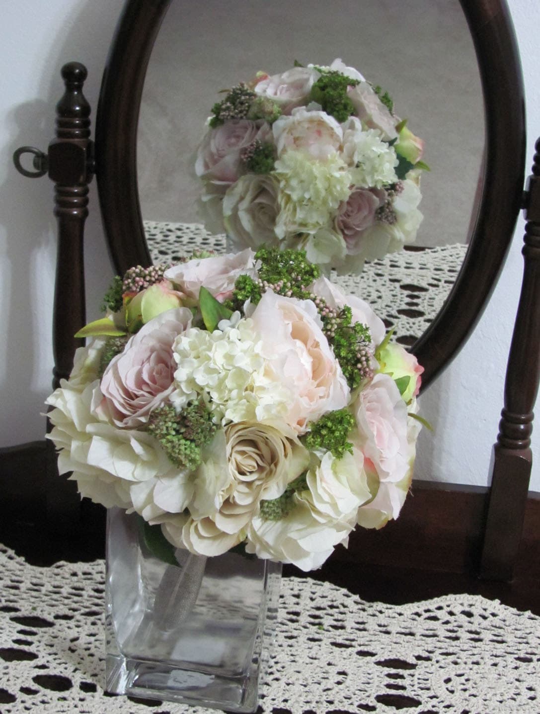 Silk Bridal Bouquets Pink and Cream with Green Accents