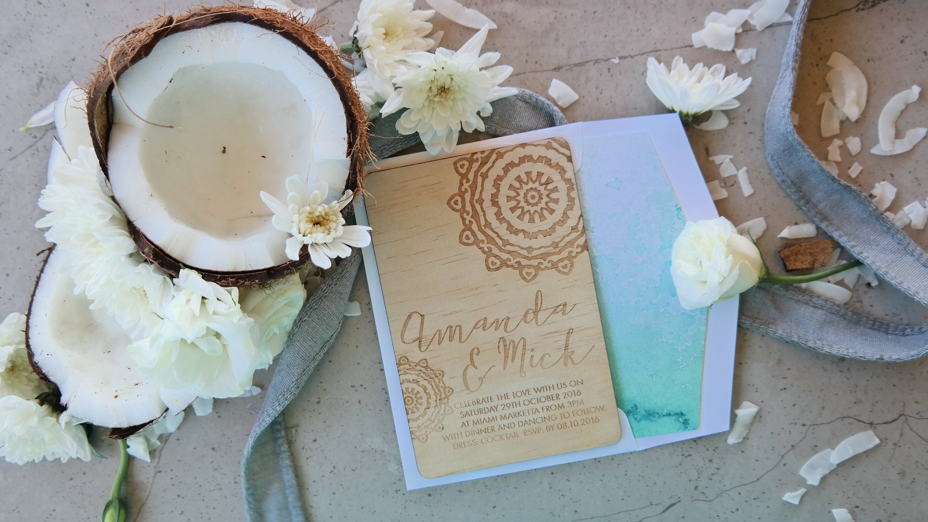 Mandala wood wedding invitation