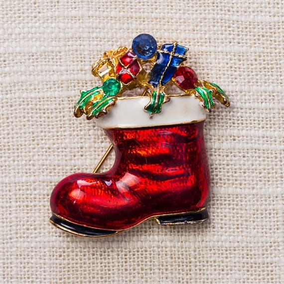Santas boot brooch filled with rhinestone presents